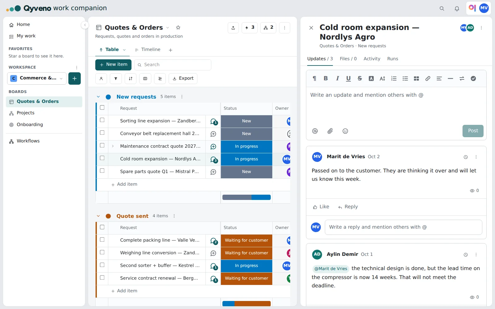 An item with its conversation next to it: updates from colleagues with an @-mention, and a box to reply
