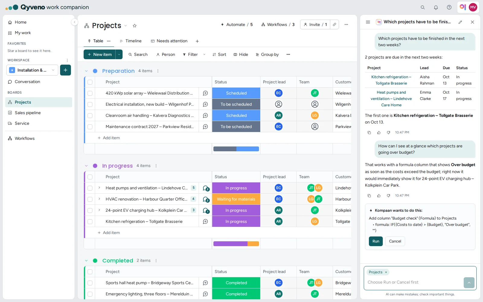 Kompaan next to a board with projects: a table of the projects due within two weeks, and a proposal for a formula column that shows which project goes over budget, with the Run button