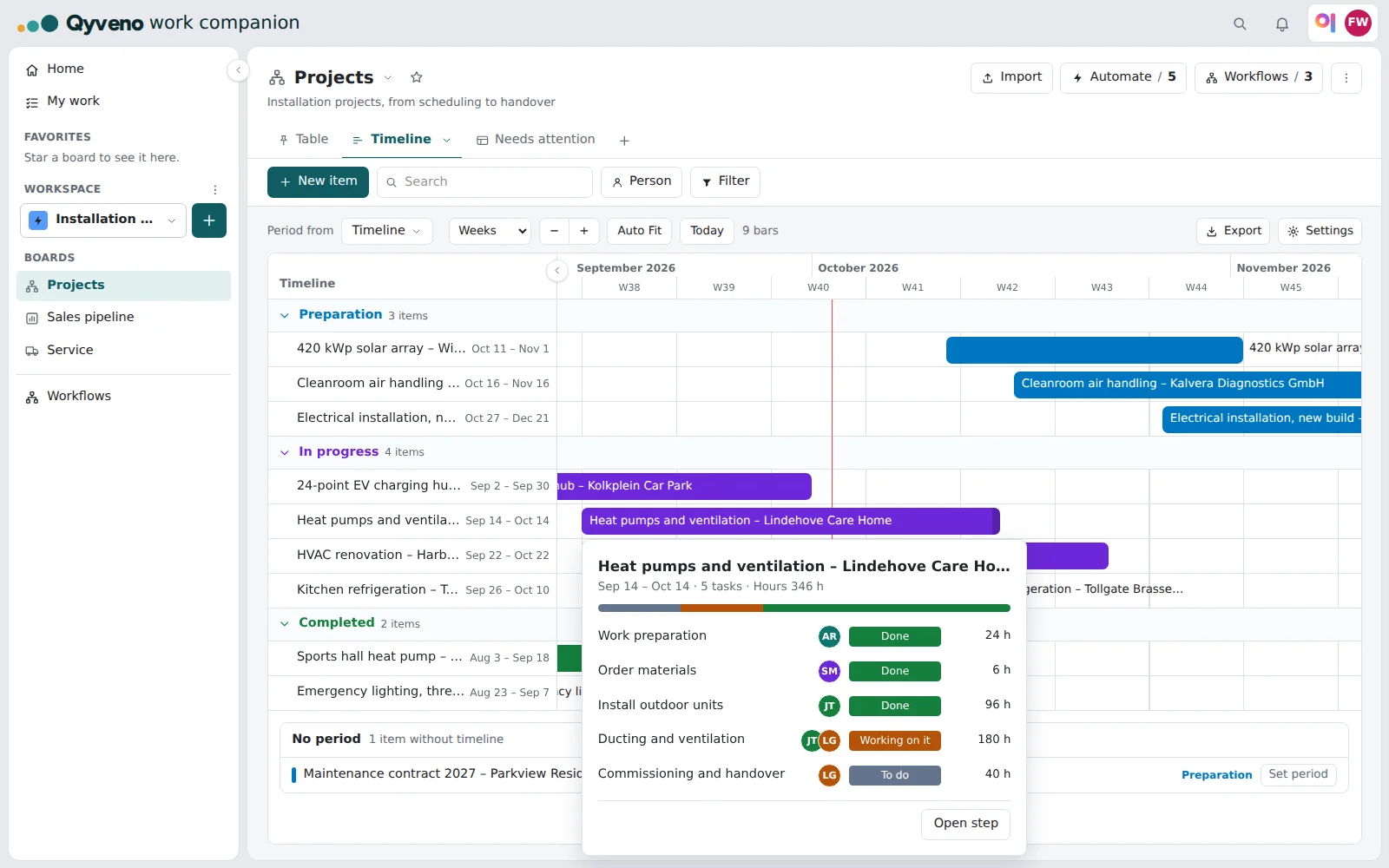 Qyveno: the timeline of a board with projects, and the tasks of one project with status and hours